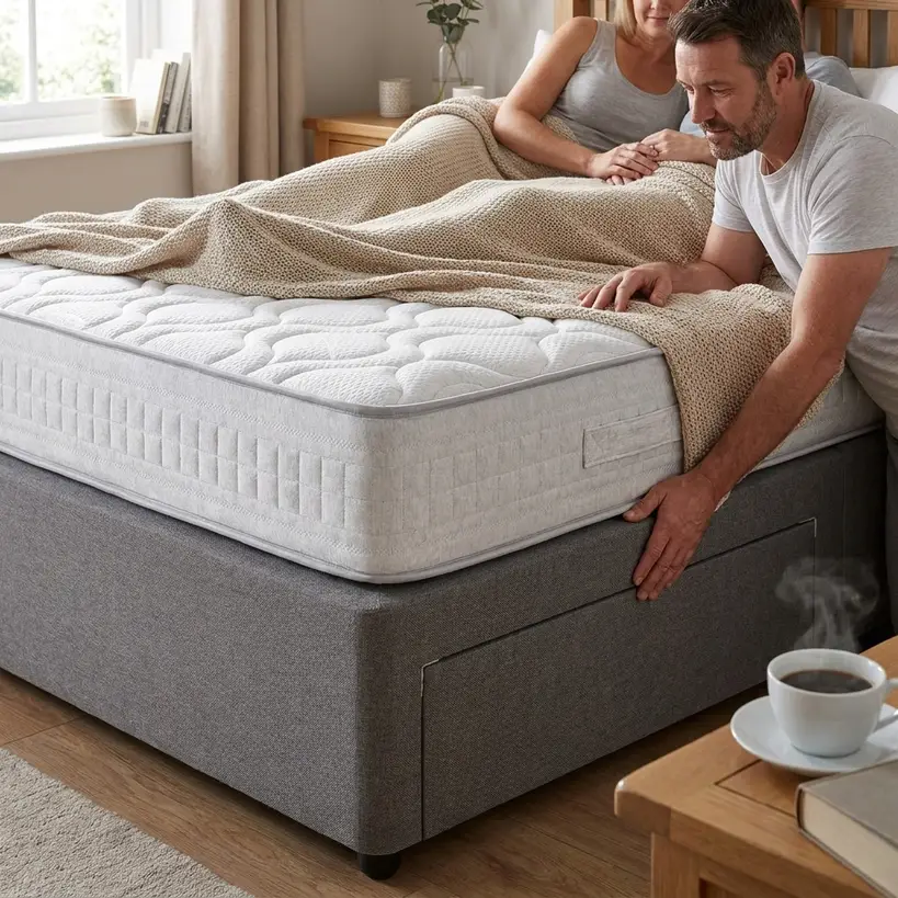 Dormitorio con base tapizada reforzada y canapé abatible de alta resistencia para persona de complexión grande, cama XXL con tejido 3D transpirable, materiales robustos, ambiente sereno, iluminación natural suave, sin texto