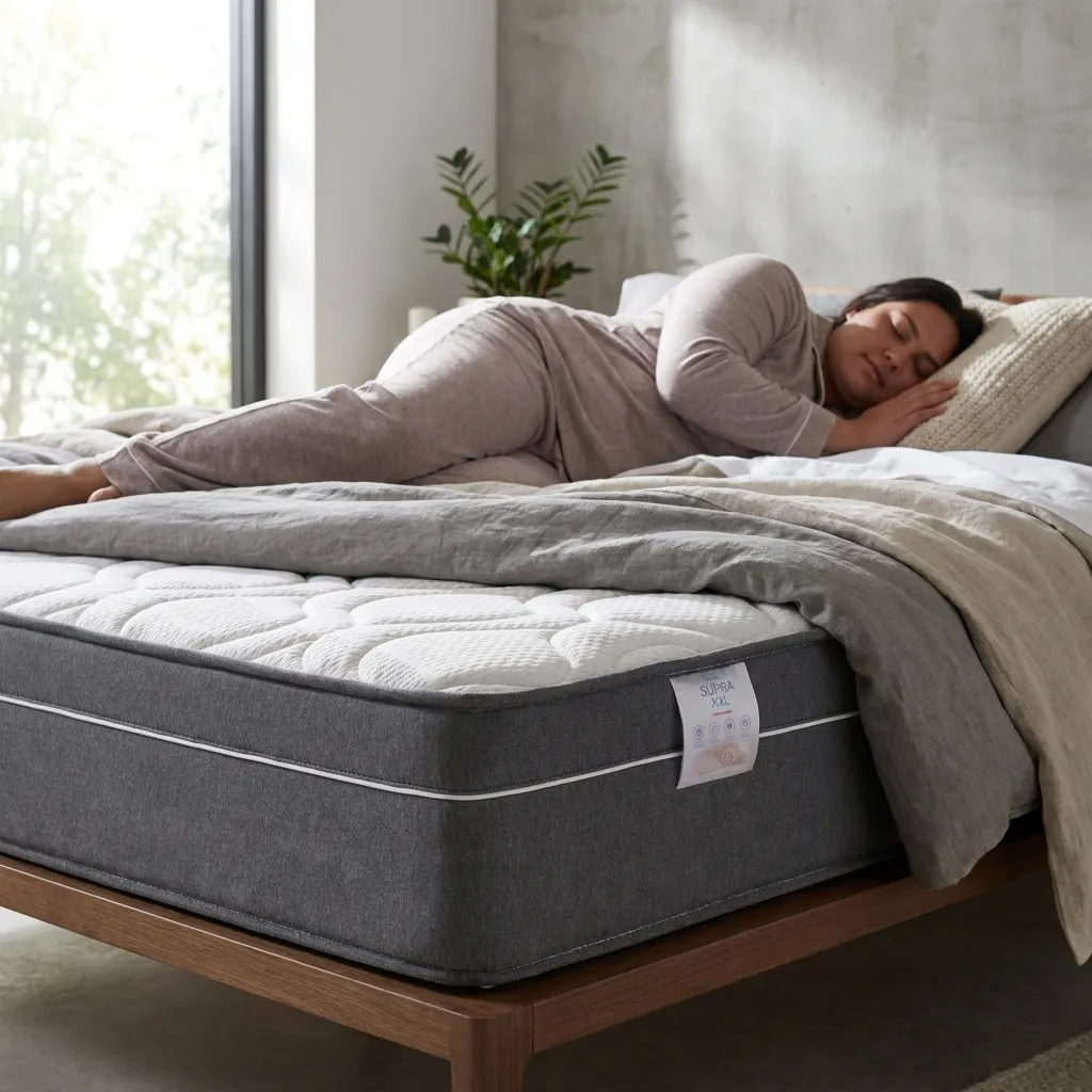 Persona de complexión grande descansando de lado sobre un colchón alto e híbrido, dormitorio luminoso, ropa de cama transpirable, ambiente sereno, texturas realistas, sin texto