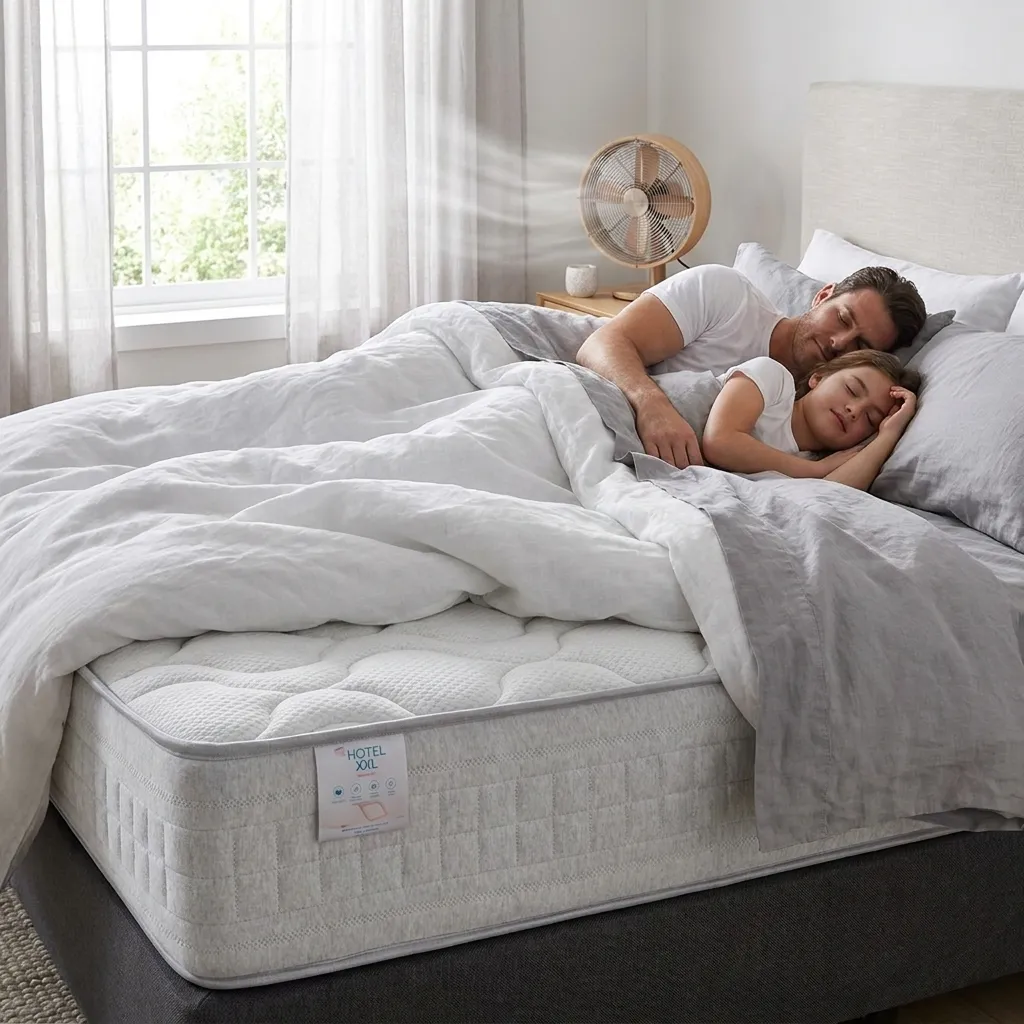 Dormitorio amplio con colchón firme y base reforzada para persona de complexión grande, ropa de cama transpirable, luz natural suave, texturas realistas, ambiente cómodo y fresco, no text
