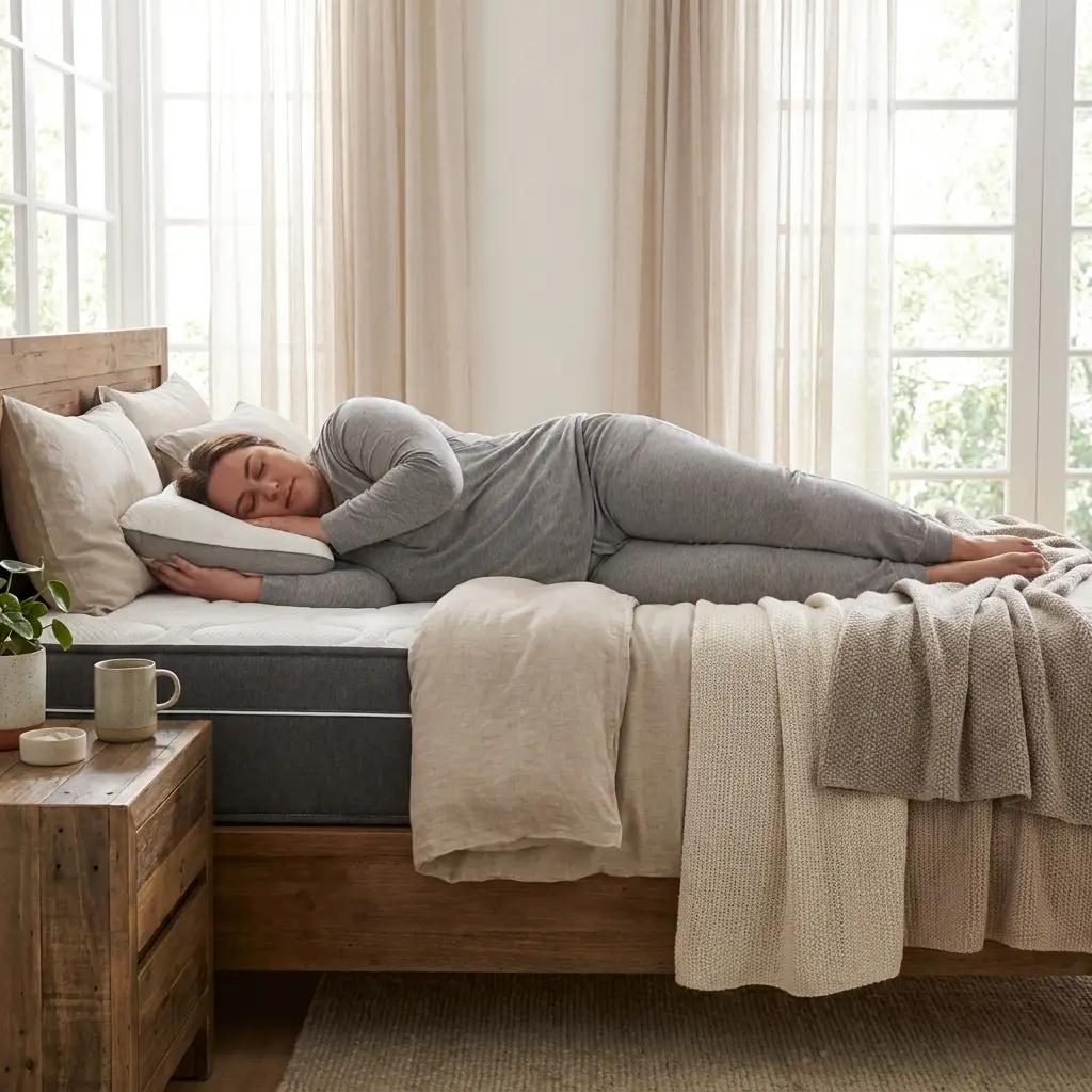 Persona de complexión grande probando una almohada de perfil medio-alto sobre una cama firme, alineación neutra de cabeza y cuello, dormitorio luminoso, textiles transpirables, iluminación natural, texturas realistas.